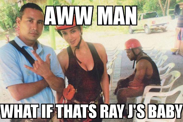 Sad Kanye with the caption AWW MAN WHAT IF THATS RAY J'S BABY