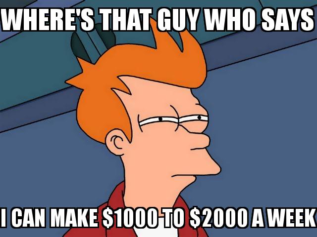 Futurama Fry with the caption Where's that guy who says I can make $1000 to $2000 a week