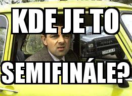 Mr Bean in Yellow Car with the caption Kde je to Semifinále?